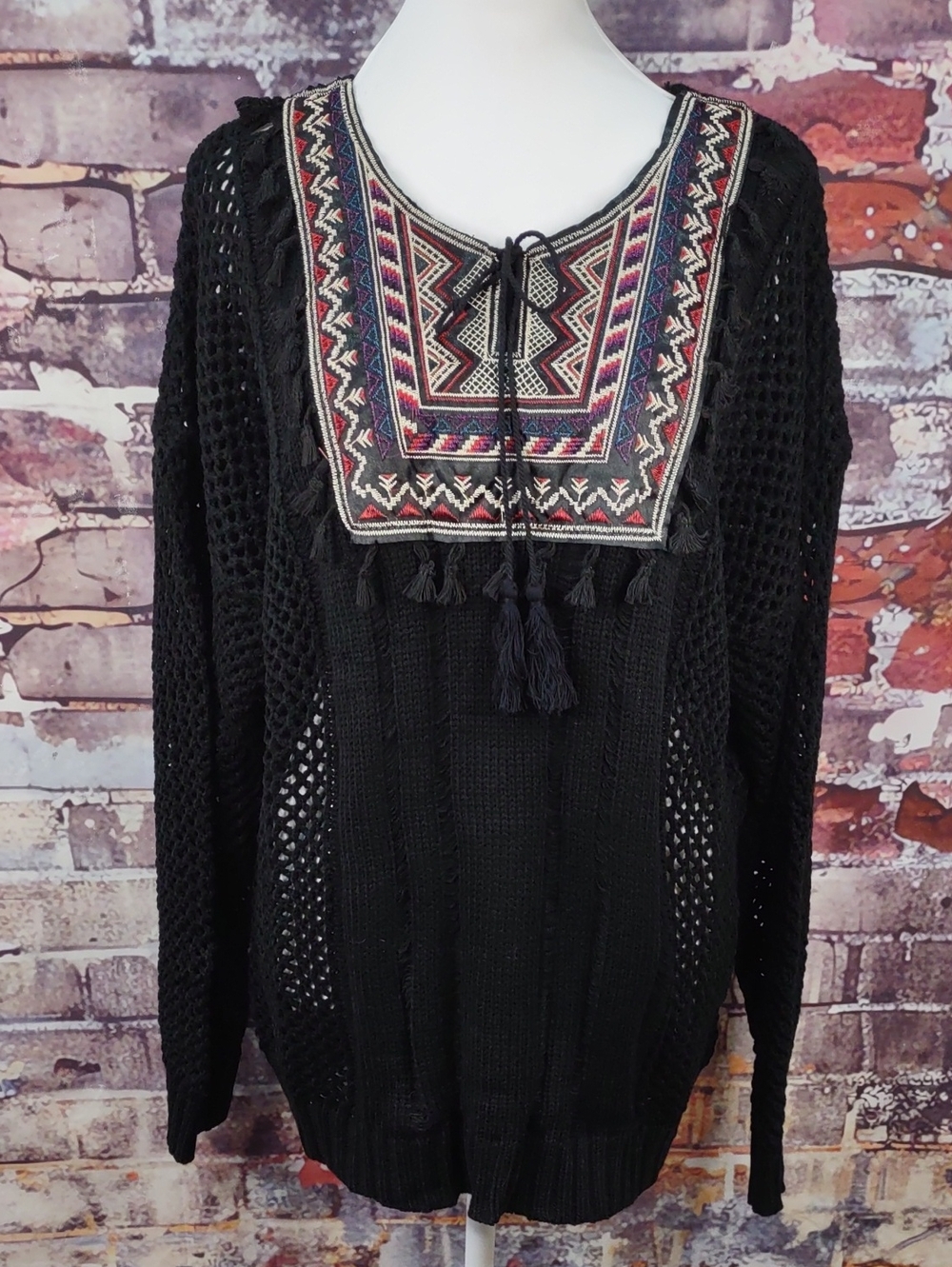 Flying Tomato Sweater with Multicolor Tapestry Yoke